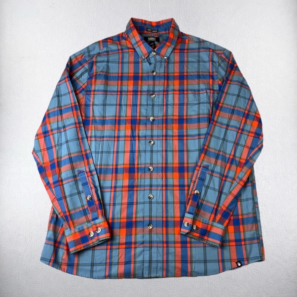 Alaskan Hardgear Button Down Shirt Mens XLT Tall Blue Orange Plaid Untucked Fit